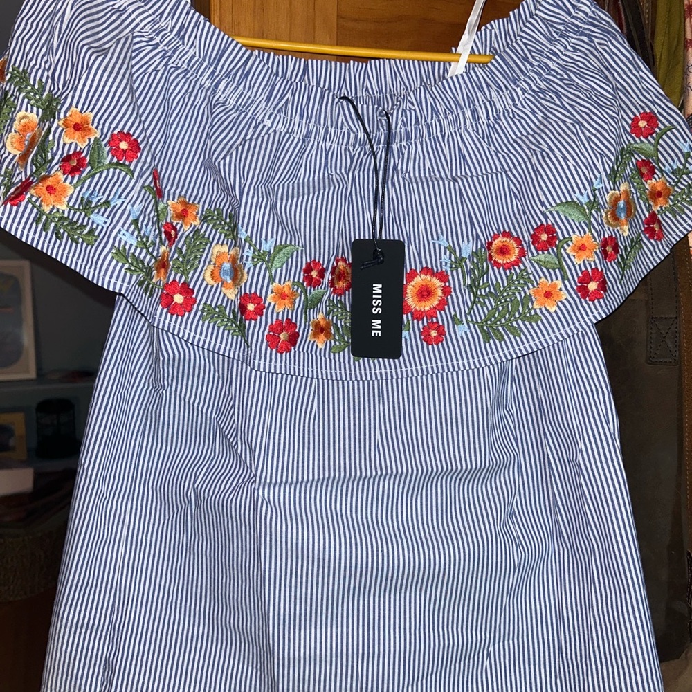 Miss Me Blue Striped Off-Shoulder Top with Floral Embroidery